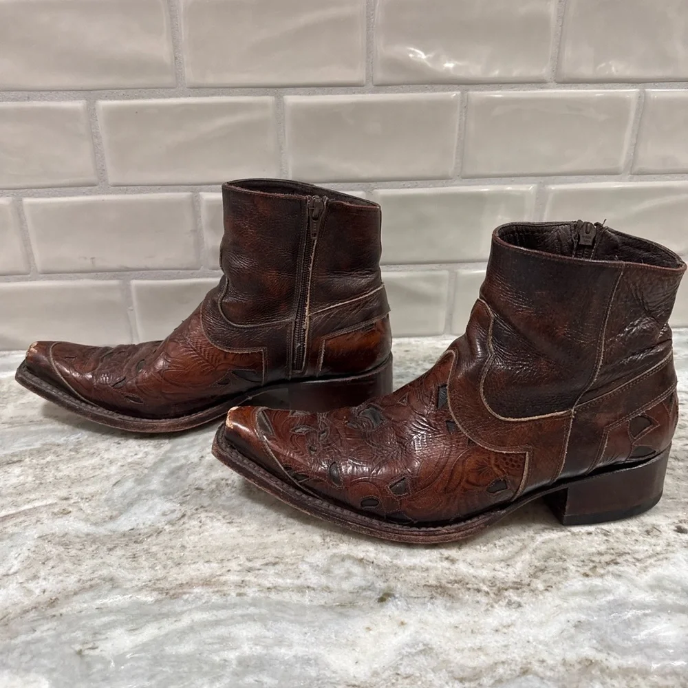 Women's Brown Embossed Leather Ankle Boots - Picture 4 of 7